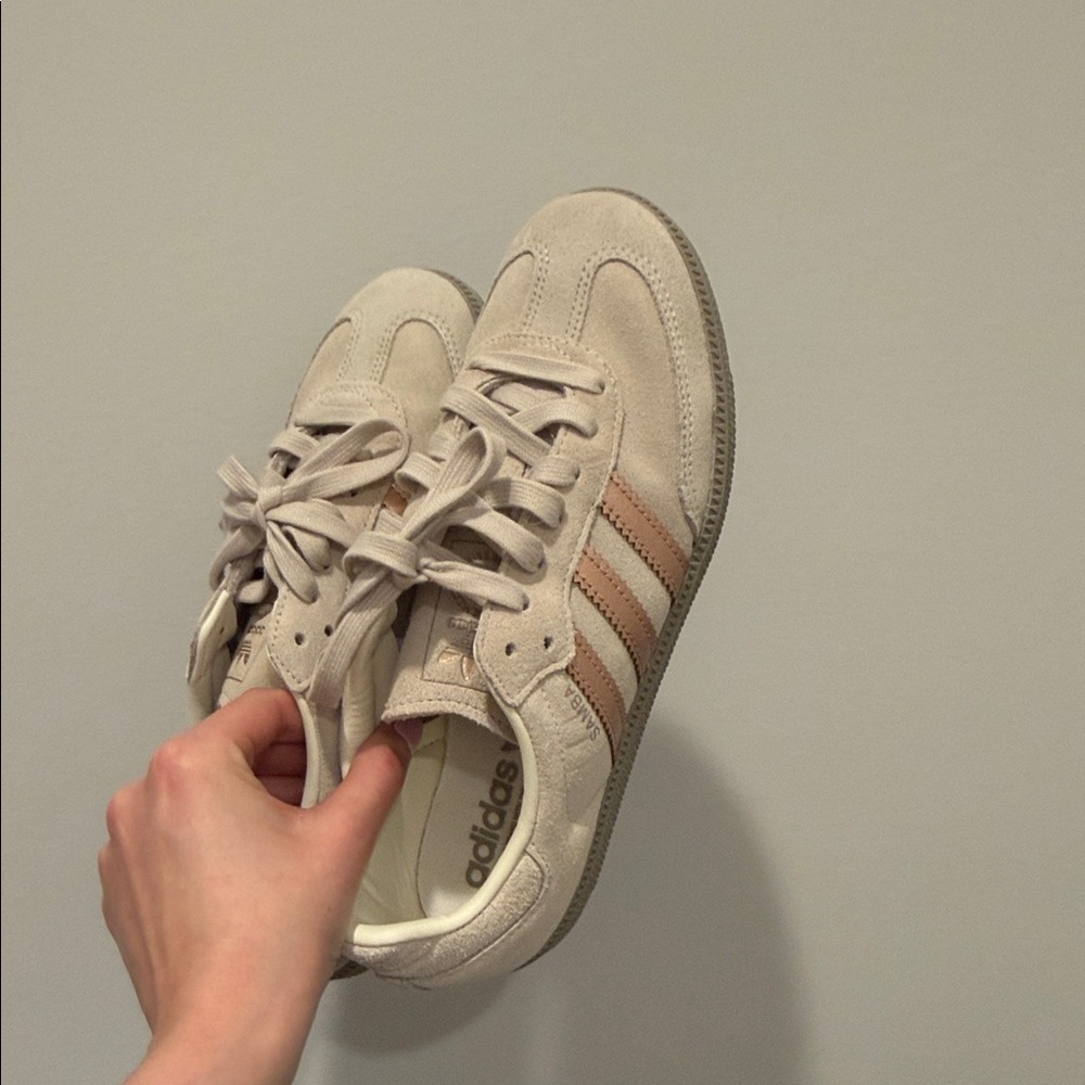 adidas women’s sambas in Cream with Blush Stripes